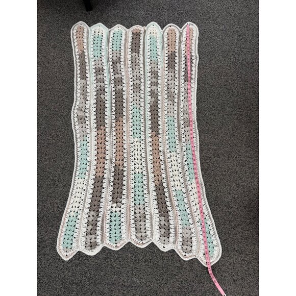 Handmade Crochet Striped Baby Blanket With Pastel Green/Mint/White/Brown/Pink - Picture 3 of 4